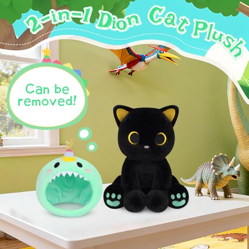 Image of Dinosaur Plush Toys, 8inches Black Cat Plush with Green Dino Plushie Hood | Cute Plushies Shiny Dinosaur Stuffed Animal Doll Toy Birthday Gifts for Kids Boys Girls