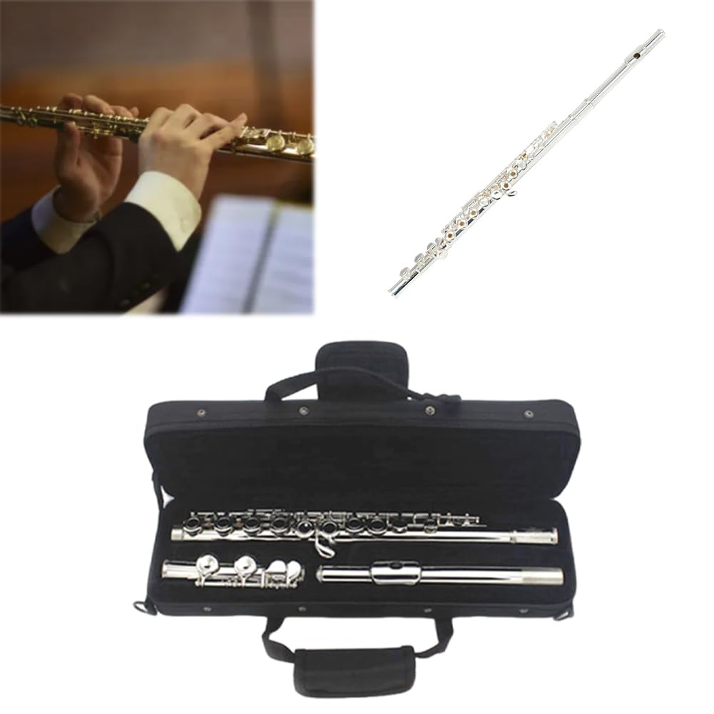 Flauta Travesera Plateada para Principiantes con Estuche Flauta de 16 Llaves en Do Instrument Estudiante