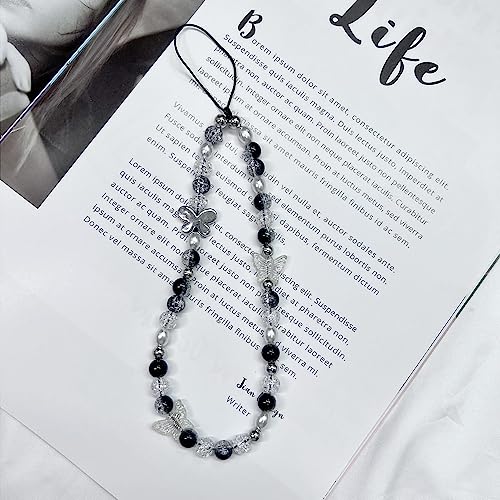 1-2 Butterfly Y2K Beaded Flower Phone Charm Boho Black White Pink Cute Charm Phone Lanyard with handmade Acrylic Flower Wrist Bead Chain Sweet Gift for Girls and Women-A blank1