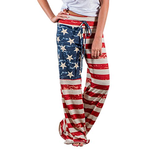 LAEMILIA Pantalons Droit Evasée Femmes Drapeau Américain Cordon Large Jambes Pantalons Leggings Jogging Sport Sarouel (44-46, Rouge) Cover