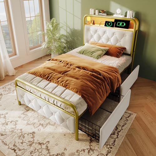 Merax Polsterbett Metallbett 90x200cm mit 2 Schubladen, LED-Beleuchtung, Ladefunktion, Lagerregal, Einzelbett Bettgestell, Stabil Metallrahmen, Stauraumbetten, Jugendbett, Samt, ohne Matratze, Weiß Merax Polsterbett Metallbett 90x200cm mit 2 Schubladen, LED-Beleuchtung, Ladefunktion, Lagerregal, Einzelbett Bettgestell, Stabil Metallrahmen, Stauraumbetten, Jugendbett, Samt, ohne Matratze, Weiß