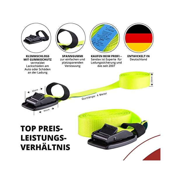 4er Set Sandax Zurrgurte Spanngurte mit Klemmschloss und Schnallenschutz aus Gummi - LÃ¤nge: 4m, Breite: 25mm - Verzurrgurte belastbar bis 540kg, nach DIN EN 12195-2 | Premium Spannband, Neongelb – Bild 3