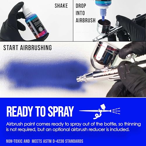 Image of U.S. Art Supply Airbrush Paint Set, 6 Color Fluorescent Neon, 1-oz Bottles | Ready to Spray Air brush Paint, Water-Based Acrylic with Reducer & Cleaner for Painting Metal, Plastic Models, Canvas, Wood