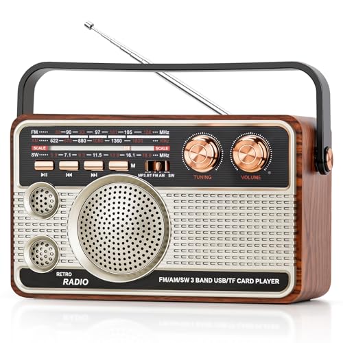 Radio Rétro Vintage, Multibande (FM/AM/OC) Avec Batterie Rechargeable, Bluetooth, Lecteur de Carte TF, Poignée de Transport, Autonomie 8-12h – Pour Maison,...