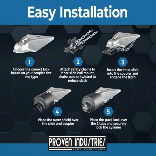 Proven Industries Model 2516 Trailer Lock, Fits Select 2 5/16-Inch Couplers, Secures Safety Chains, Made in The USA, (Black)