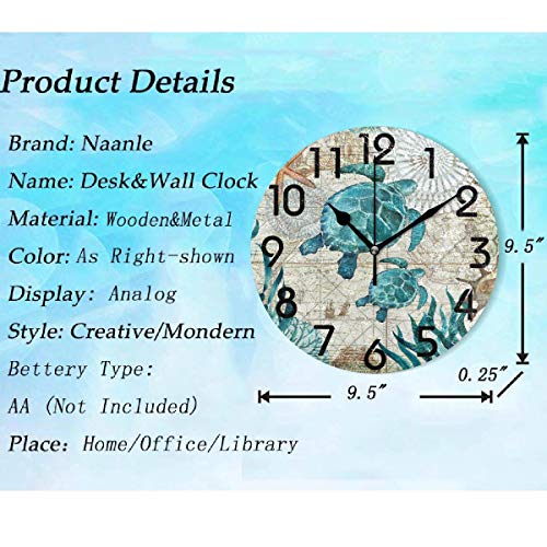 Naanle Vintage Nautical Sea Turtles Starfish Old Map Round Wall Clock, 9.5 Inch Battery Operated Quartz Analog Quiet Desk Clock For Home,Office,School #TOP2