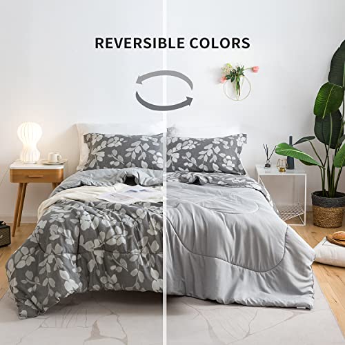 Bed Set Twin Size Comforter Set - 2Pc, Grey Leaves Printed Neutral Hypoallergenic Down Alternative Reversible Single Comforter, Soft Microfiber Inner Fill Duvet Sets For Kids Teens Home Decoration #TOP2