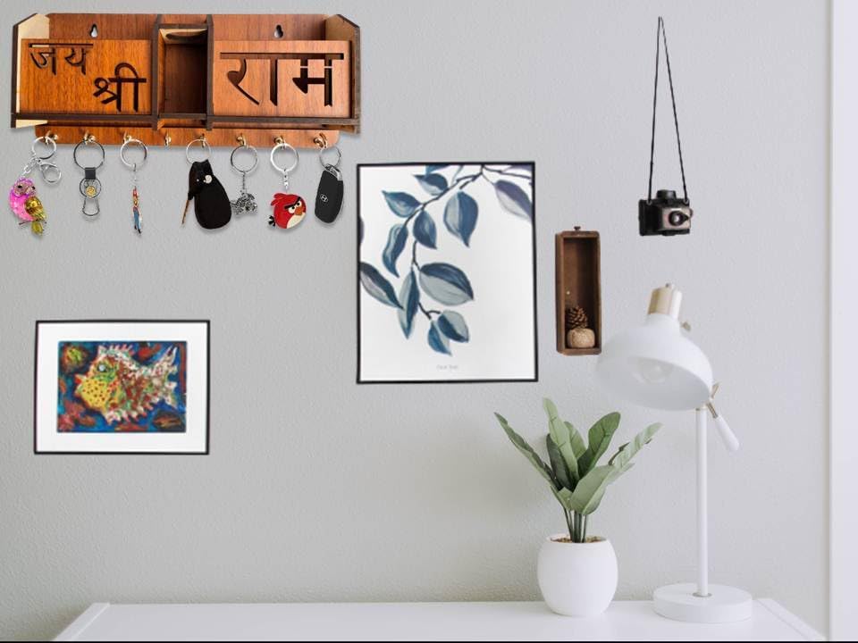 Wall Mounted Key Hanger with Hooks, Wooden Entryway Organizer Storage Compartments, Letter and Remote Stand, Mobile Phone Holder with Charging Slot, Decorative Key Rack for Home Office image 5