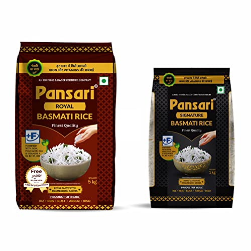 Image of Pansari Basmati rice Combo Royal & Signature, Great Taste and Mesmerizing Aroma | Long Grain, Naturally Aged(2-Years) with Fortified | Basmati Rice, Biryani Rice, Pulao Rice (5+1Kg)