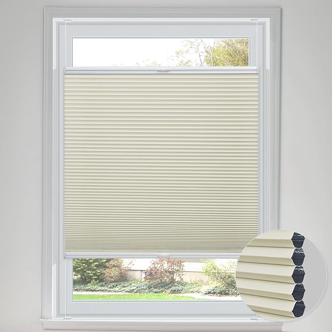 UrMoon Cellular Blinds for Windows, Blackout Insulated Honeycomb Blinds, Top-down Bottom-up Shades, Easy Fit Pleated Shades for Home Office (Blackout-Buff, 45cm W x 100cm H)