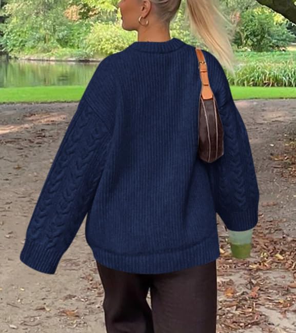 Okiwam Women's Oversized Sweaters Crewneck Cable Knit Pullover Casual Loose Fall Outfits Fashion Clothes 2025