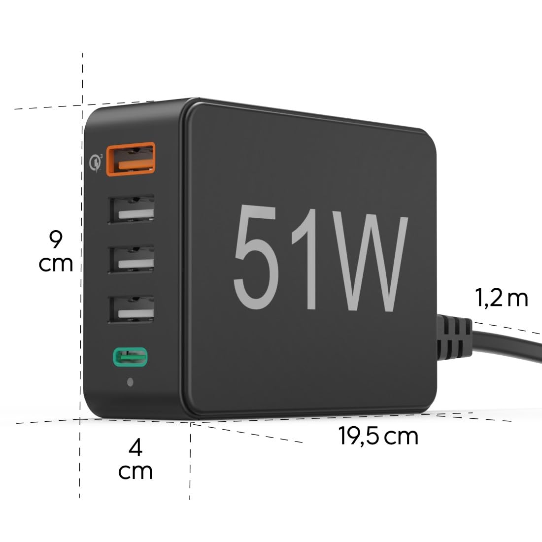 HAMA | Cargador de 5 Puertos y 51W (Cargador USB con 5 Puertos para Cargar 5 Dispositivos, Carga Rápida,