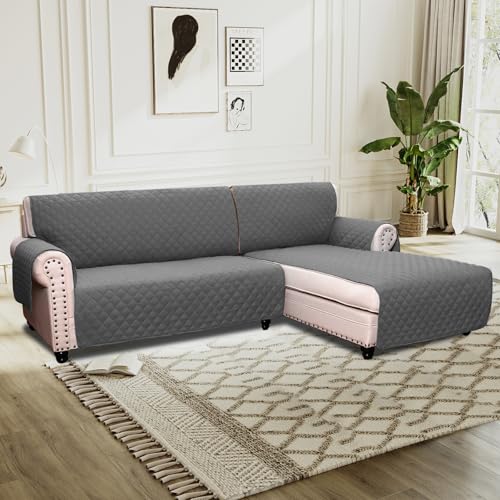 BellaHills Sofa Cover L Shape 2 Piece Couch Cover for Sectional Sofa Non Slip Corner Sofa Cover Water Resistant Chaise Sofa Cover for Dogs (Right Chaise Lounge + 3 Seater, Charcoal Grey)