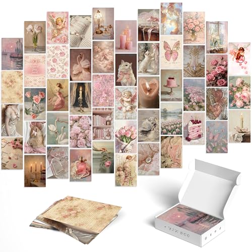 Romantic Ephemera Coquette Aesthetic Vintage Romanticism Blush Pink Wall Art Collage Kit Unframed 4x6 Inch 50 Pack Heavyweight Cardstock Paper Dorm Room Decor Prints Set For Teen Girls
