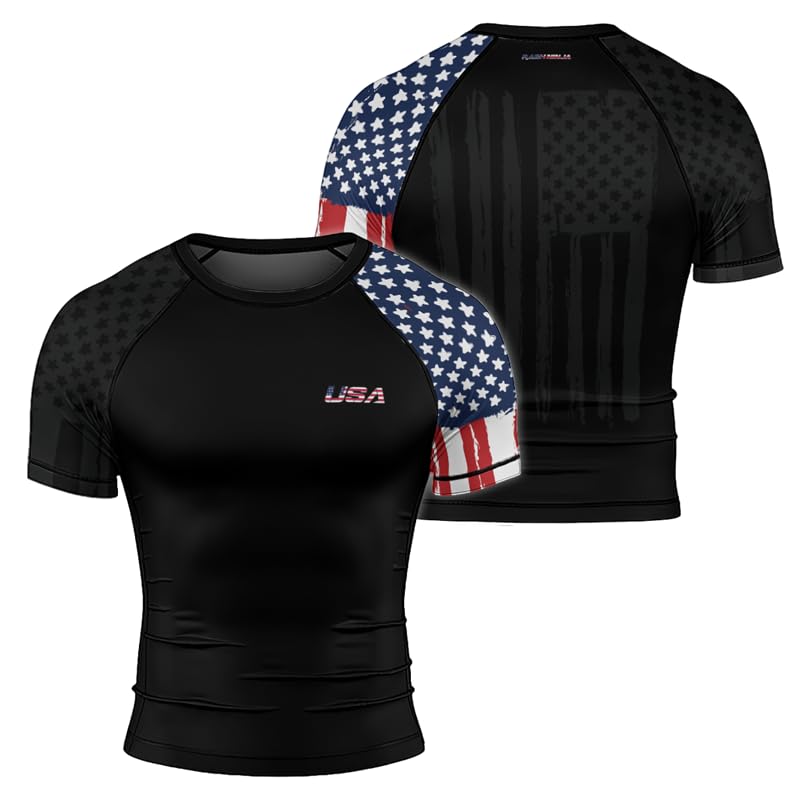 BJJ Short Sleeve USA American Flag Patriotic Compression Rashguard MMA Jiu Jitsu Grappling Fighting Sport