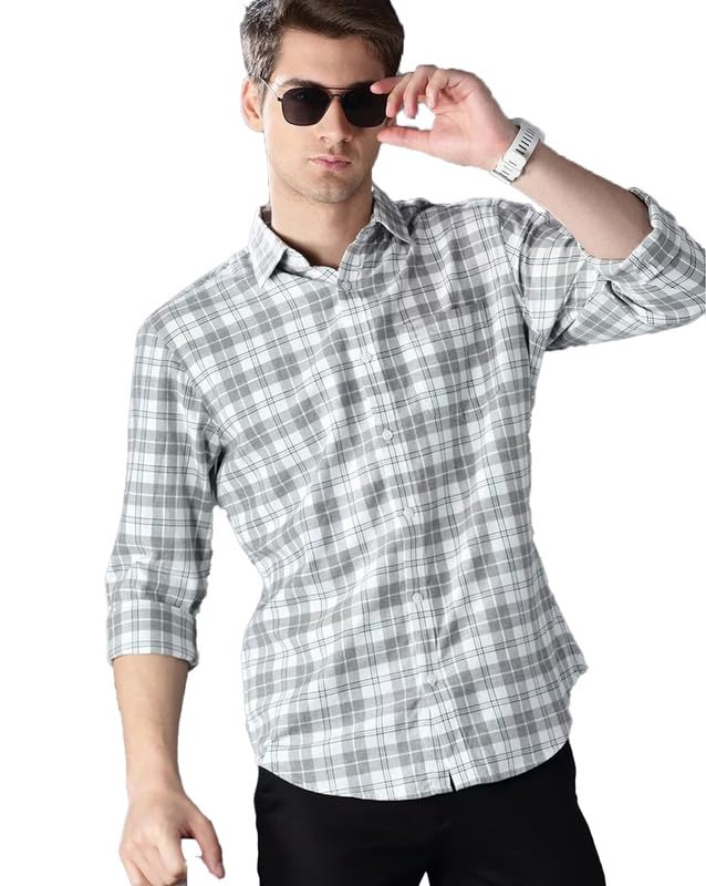 U TURN Men's Cotton Casual Printed Checkered Stylish Latest Shirt for Men (Grey-White; X-Large)