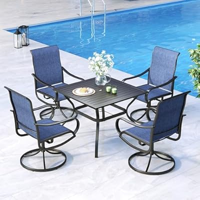 MFSTUDIO Outdoor Patio Dining Set for 4, Patio Furniture Set with Textilene Swivel Chairs, Outdoor Table and Chairs Set with Umbrella Hole for Deck Lawn Backyard Garden, Navy Blue