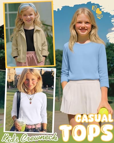 Image of 4 Pack Girls 3 /4 Sleeve T Shirts Kids Crewneck Elbow Sleeve Casual Tops Solid Basic Cute Teen Tees 5-14Y