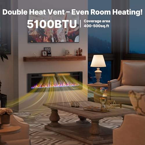 50\" Ultra Thin Electric Fireplace, Wall Mounted & Freestanding, LED Fireplace Insert, Wall Fireplace for Living Room/Bedroom w/Touch Screen, Remote Control, 750W/1500W, Quiet, 8H Timer