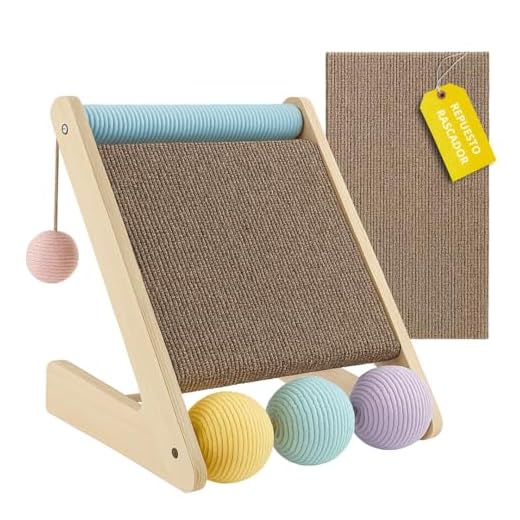 Rascador para Gatos con Hierba Gatera, Cartón Corrugado, + Tabla de Repuesto, Rascador Gato con Juguete 3 Bolas, Rodillo de Sisal y 2 Bolas De Lana, Arranhador Gato, Cat Scrater, Arañador para Gatos