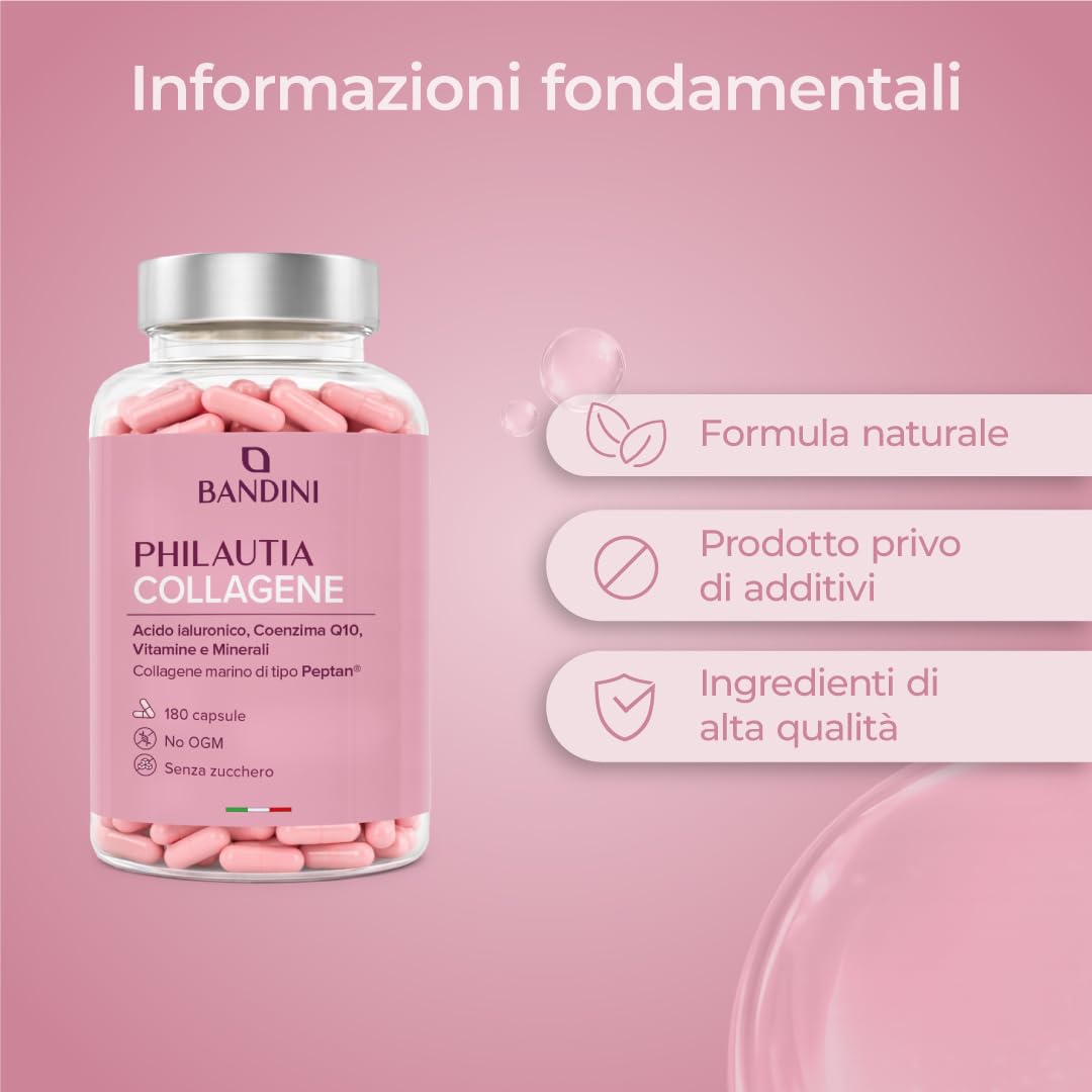 Bandini® Collagene Peptan® e Acido Ialuronico 180 Capsule, Collagene Marino Idrolizzato Tipo 1 con Coenzima Q10, Vitamina C, Biotina, Zinco e Selenio, Integratore Donne per Articolazioni, Pelle e Ossa