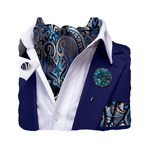 Image of Hi-Tie Silk Ascot for Men Self Tie Men's Cravat and Flower Lapel Pin Handkerchief Cufflinks Set for Wedding Party