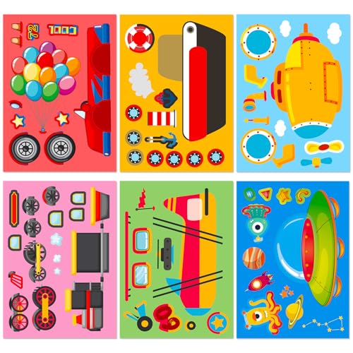 6枚パック交通ツール船換顔ステッカー親子インタラクティブ知育パズル人気セット、手帳デコおしゃれ防水DIYキラキラ子供ごほうびデカールノート水筒スマホケーススケボー旅行バッグギター文具自転車ヘルメット装飾用