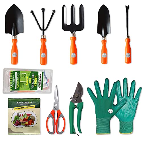 Kraft Seeds Gardening Tools Kit – 10 Pcs (Cultivator, Fork, Trowels, Weeder, Garden Gloves, a Toolbox, Pruner Cutter, Scissors, Free Flower Seeds Packet) | Garden Tools Kit for Home Gardens |Tool Set Kraft Seeds Gardening Tools Kit – 10 Pcs (Cultivator, Fork, Trowels, Weeder, Garden Gloves, a Toolbox, Pruner Cutter, Scissors, Free Flower Seeds Packet) | Garden Tools Kit for Home Gardens |Tool Set
