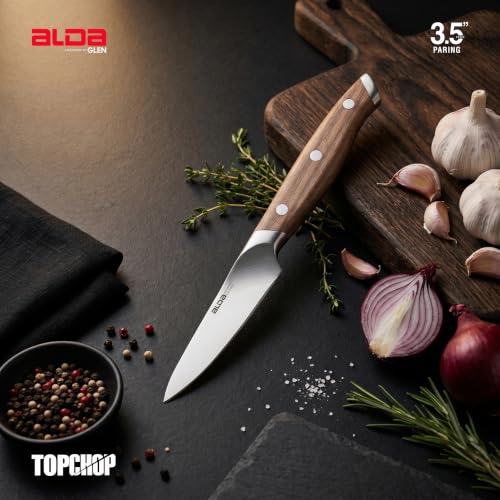 Image of Alda Top Chop Paring Knife 3.5 Inch (9 cm) - Carbon Stainless Steel Blade|Full Tang Acacia Wood Handle|Precision Peeling|Trimming, Carving & Coring Knife for Apple, Strawberry, Garlic & Potato, 57 HRC