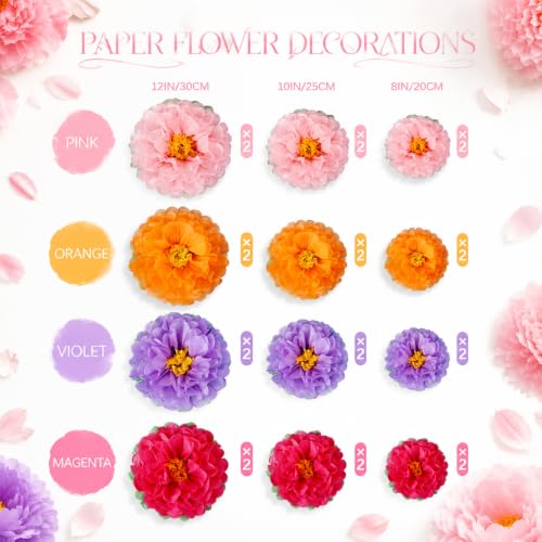 Image of Cholemy 24 Pcs Tissue Paper Flowers, Crepe Paper Flowers Decorations 8 inch 10 inch 12 inch for Wedding Party Baby Bridal Shower Carnival Party Birthday Nursery Wall Decor (Pink,Purple,Orange,Rose Red)