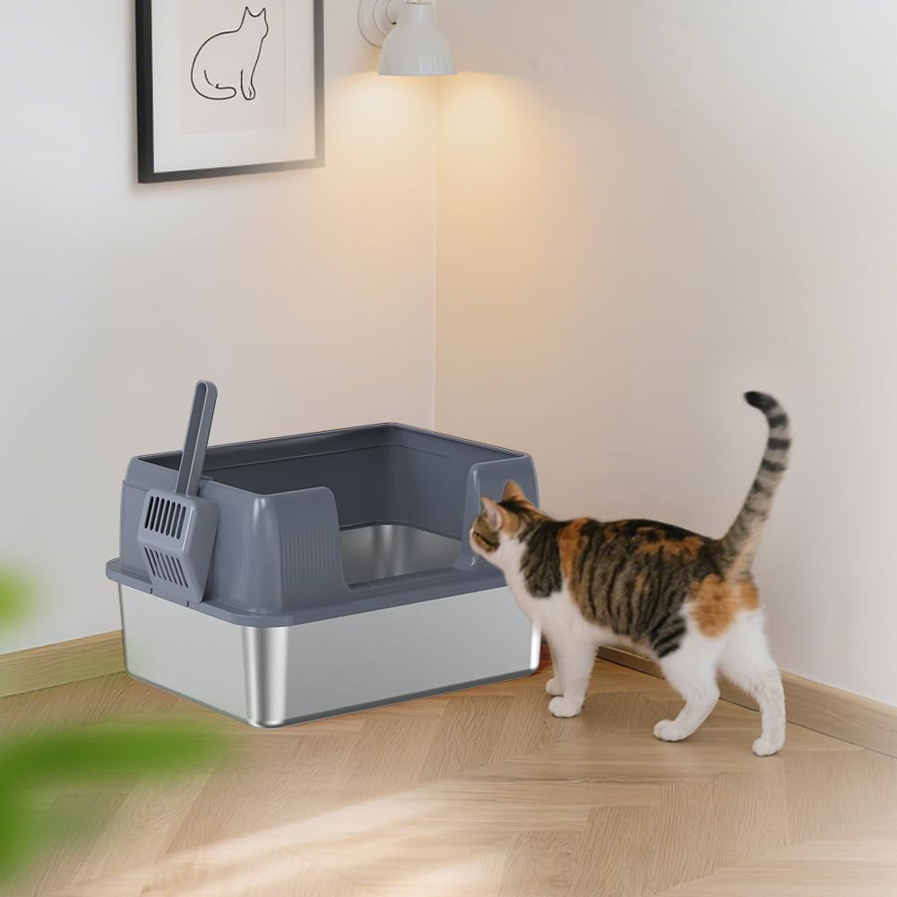 SZEE Bac à Litière Chat en Acier Inoxydable Petit Format, Litière Chaton avec Entrée Basse, Bac Ouvert avec Pelle Incluse, Anti-Rayures, Facile à Nettoyer, Toilette pour Chat, 43 x 33 x 28 cm