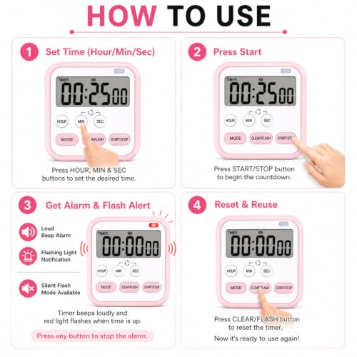 Image of Digital Magnetic Multi-Function Timer Clock with Large LCD Display, Loud Alarm, Retractable Stand, Stopwatch Stand Hanging Hole, Countdown Flashing Light, Dual-Purpose Time Management Clock (Pink)