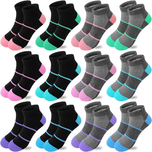 Bemeol 12 Pairs Girls Ankle Socks Kids Low Cut Ankle Socks Girls Half Cushion Athletic Sock