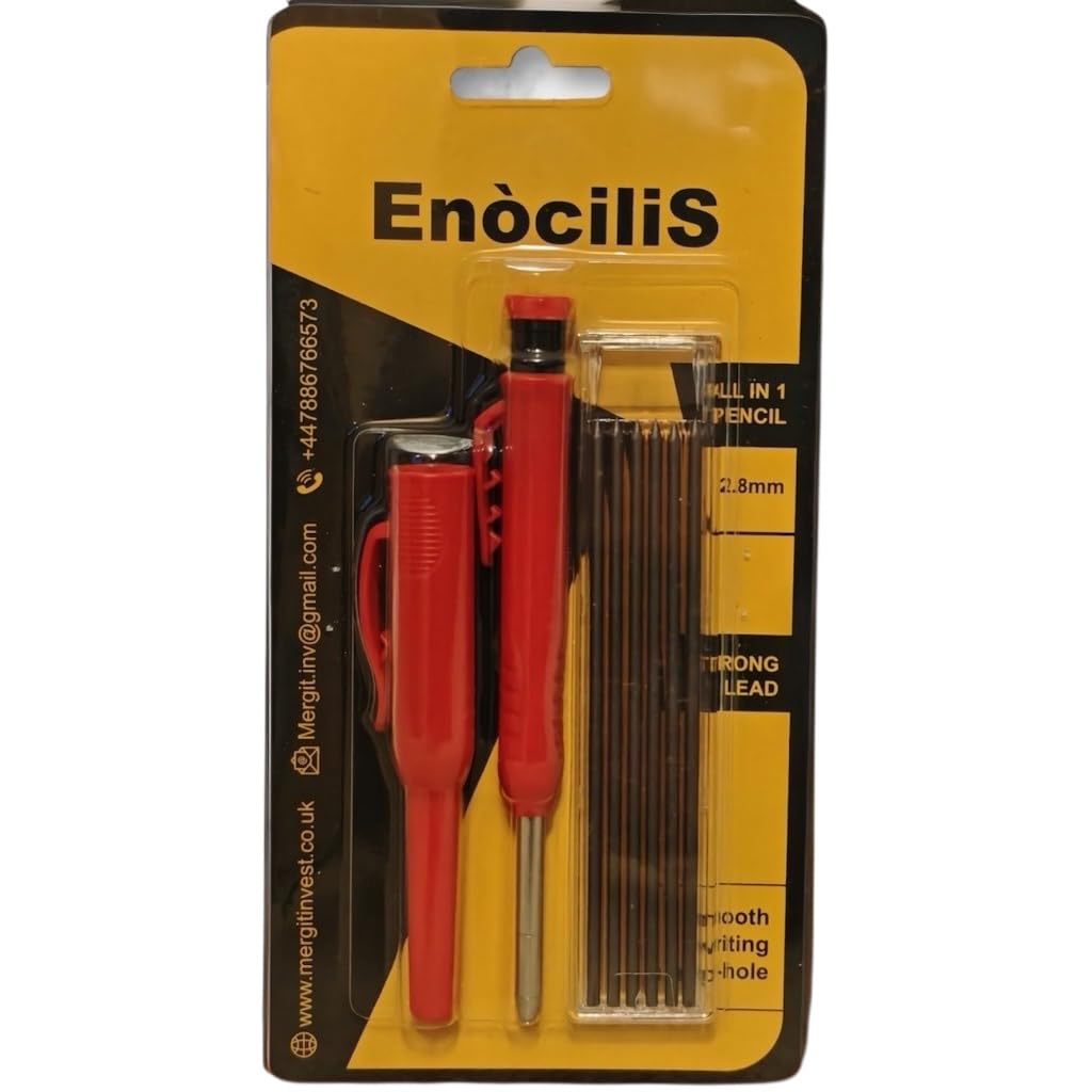 Tracer Pencil Carpenters Pencil EnociliS, Built-in Sharpener, Deep Hole Marking, 2.8mm Lead, Stainless Steel Tip