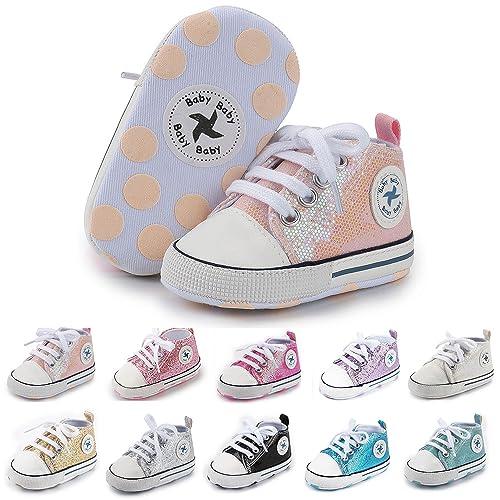 Image of Baby Girls Boys Shoes Soft Anti-Slip Sole Newborn First Walkers High Top Canvas Denim Unisex Infant Sneaker
