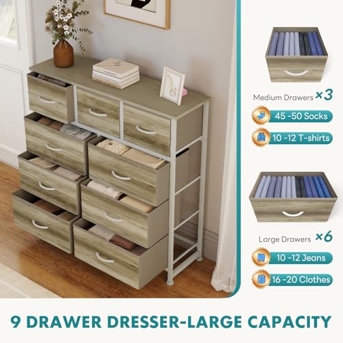 Image of OLIXIS 9 Drawer Tall Dresser for Bedroom, Closet Organizers and Storage | Fabric Dresser with Wooden Top, Chest of Drawers for Clothes Storage, Tower Cabinet, Furniture, TV Stand, Oak Greige