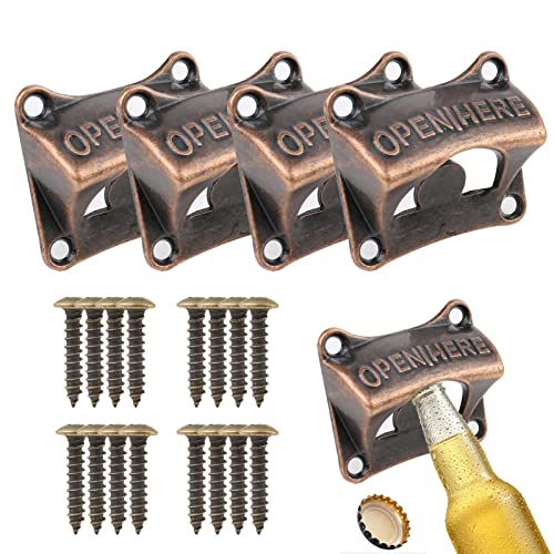 Abrebotellas de montaje en pared, 4 unidades, abridor de cerveza, diseño vintage, tornillos montados para cocina, bares, restaurantes, cafeterías, bronce rojo Cover
