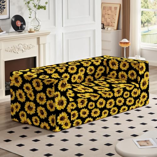 Loveseat Sofa, Boneless Couch in a Box with Sunflowers Print,
