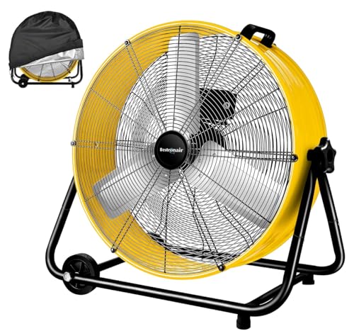 Bestronair 24 Inch High Velocity Heavy Duty Industrial Fan with 3-Speed Adjustment Up to 8100 CFM, Large Fan Floor For Factory Storehouse Workshop Garage Gym Patio with Fan Cover. Yellow