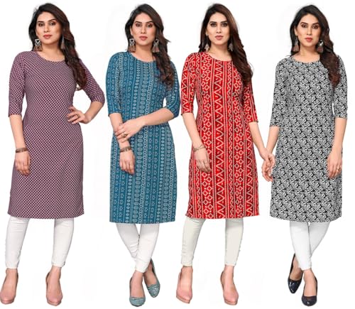 Image of JAKHANA Women's Crepe Printed Casual Straight Calf Length Round Nick Kurta Pack of 4