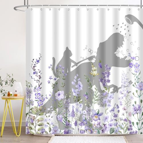 Image of Cat Dinosaur Shower Curtain Funny Cat Help Dino Bathe Behind Purple Wildflowers Blossom Trex Silhouette Shadow for Kids Bathroom Decor Waterproof Polyester Fabric 72Lx72W Inch with Hooks
