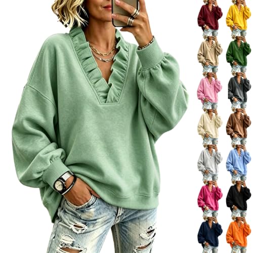 SdGgsgv Ruffle Oversized V Neck Sweatshirt for Women Cute Trendy Pullover - image 1