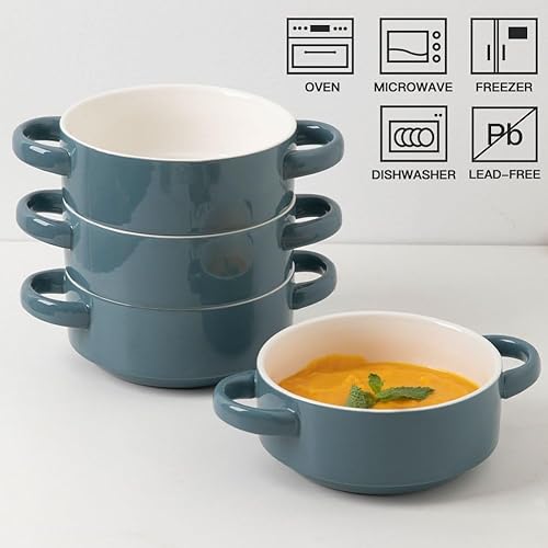 Miniatura 8 de Sweejar Tazones de sopa de cerámica con asas dobles, cuencos apilados de 20 onzas para sopa de cebolla francesa, cereales, tartas de olla, guiso,