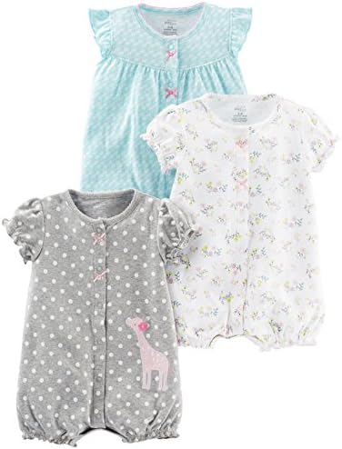Simple Joys by Carter's Baby Girls' Snap-Up Rompers, Pack of 3, Dots/Floral/Swan, 12 Months