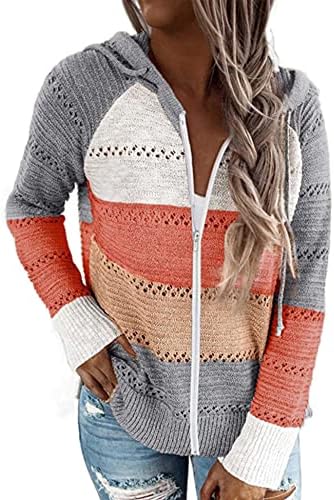 Women's Winter Zip Up Sweaters Color Block Strip Long Sleeve Hooded Sweatshirt Orange S