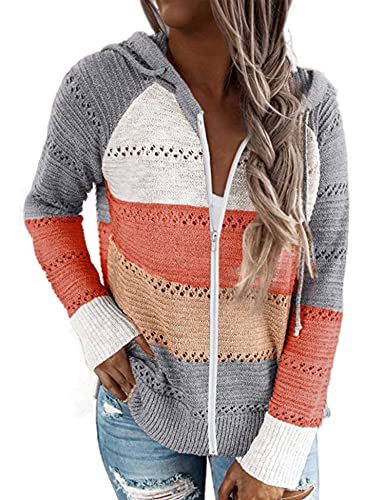 Women's Winter Zip Up Sweaters Color Block Strip Long Sleeve Hooded Sweatshirt Orange S #TOP1