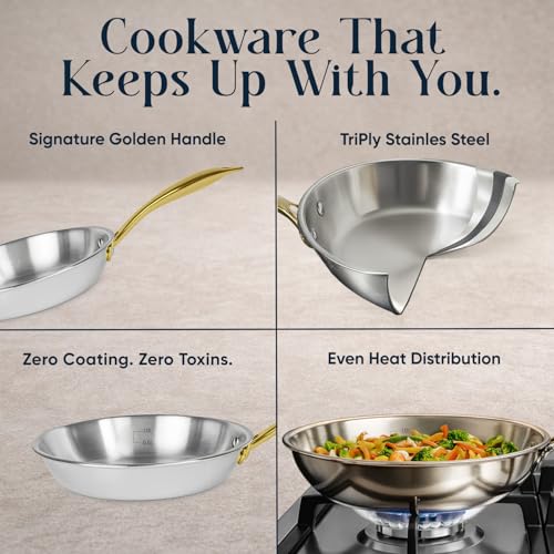 Image of SOLARA MontClaire Premium Triply Stainless Steel Frying Pan with Golden Handle, 22cm(1.7L) Fry Pan - Induction Friendly, Pan for Cooking, 100% Toxin-Free and Chemical-Free Cookware