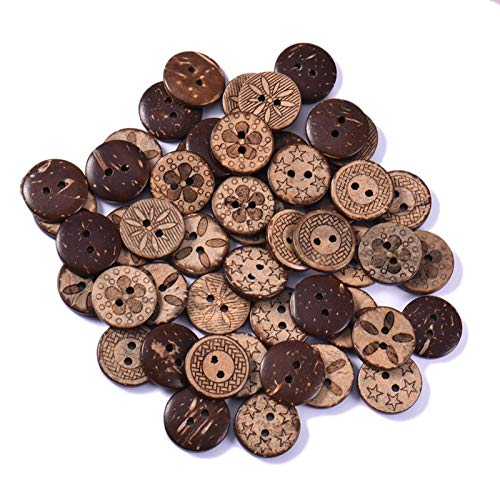 SueSupply Bouton De Noix De Coco Sculpté Mixte 18mm, Bouton Rond À Deux Yeux pour Bricolage Couture Artisanat Décoratif 50 Pièces Boutons en Bois Vintage À Motifs Mixtes avec 2 Trous Cover