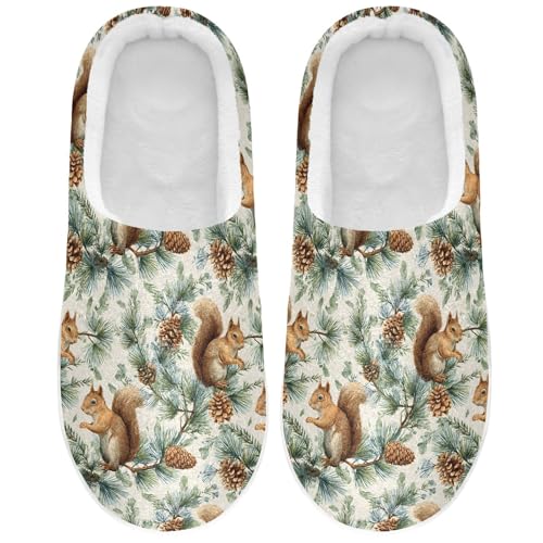 Fuzzy Memory Foam Slippers for Women/Men Squirrel Pine Cone Pattern Fluffy Winter House Shoes Indoor and Outdoor2