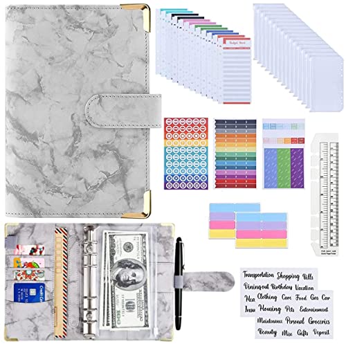A6 Classeur A6 Budget Enveloppe, Classeur A6 en PU Cuir, PVC Budget Planner Enveloppe avec 12 Pochettes Zippées, 12 Feuilles de Budget et Autocollants D'étiquettes Planificateur Budget, Marbre Cover
